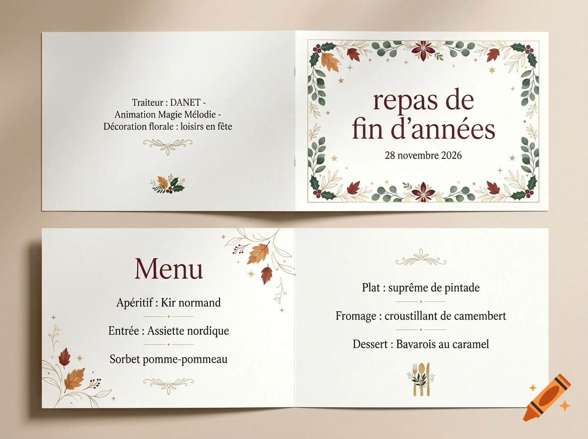 Open folded menu with autumn-themed botanical illustrations and French text for a year-end dinner.