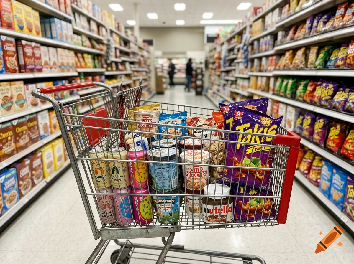 A shopping cart filled with groceries in the aisle of a supermarket.