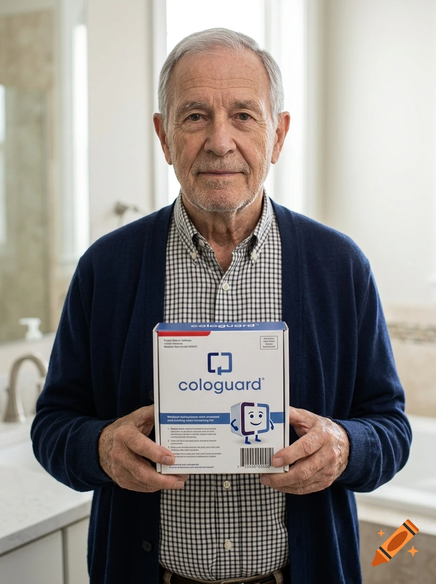 An elderly man smiling and holding a Cologuard medical kit box in a bright bathroom, photorealistic.