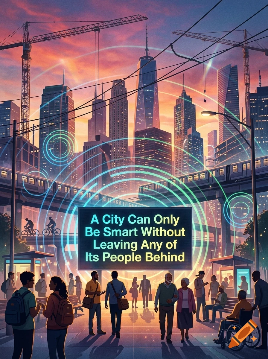 A bustling city street at sunset with skyscrapers, construction cranes, a sign reading "A City Can Only Be Smart Without Leaving Any of Its People Behind", people walking and biking, and glowing concentric circles overlaid.