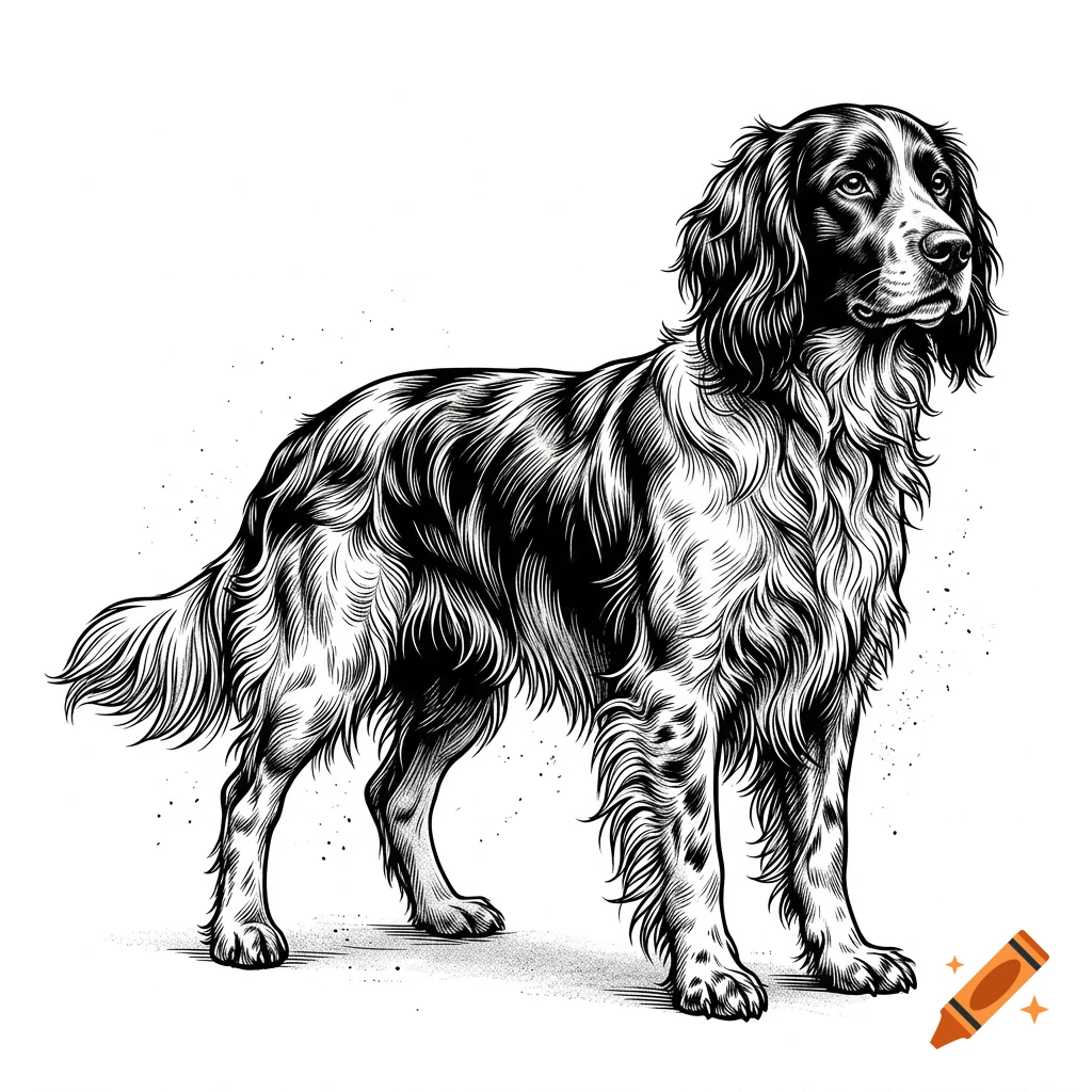 A detailed black and white ink drawing of a spaniel dog standing in profile, featuring intricate line work and shading.