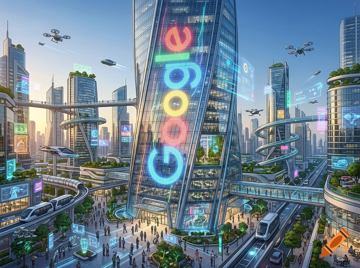 A futuristic city with towering skyscrapers, flying vehicles, and the Google logo displayed on a central building.