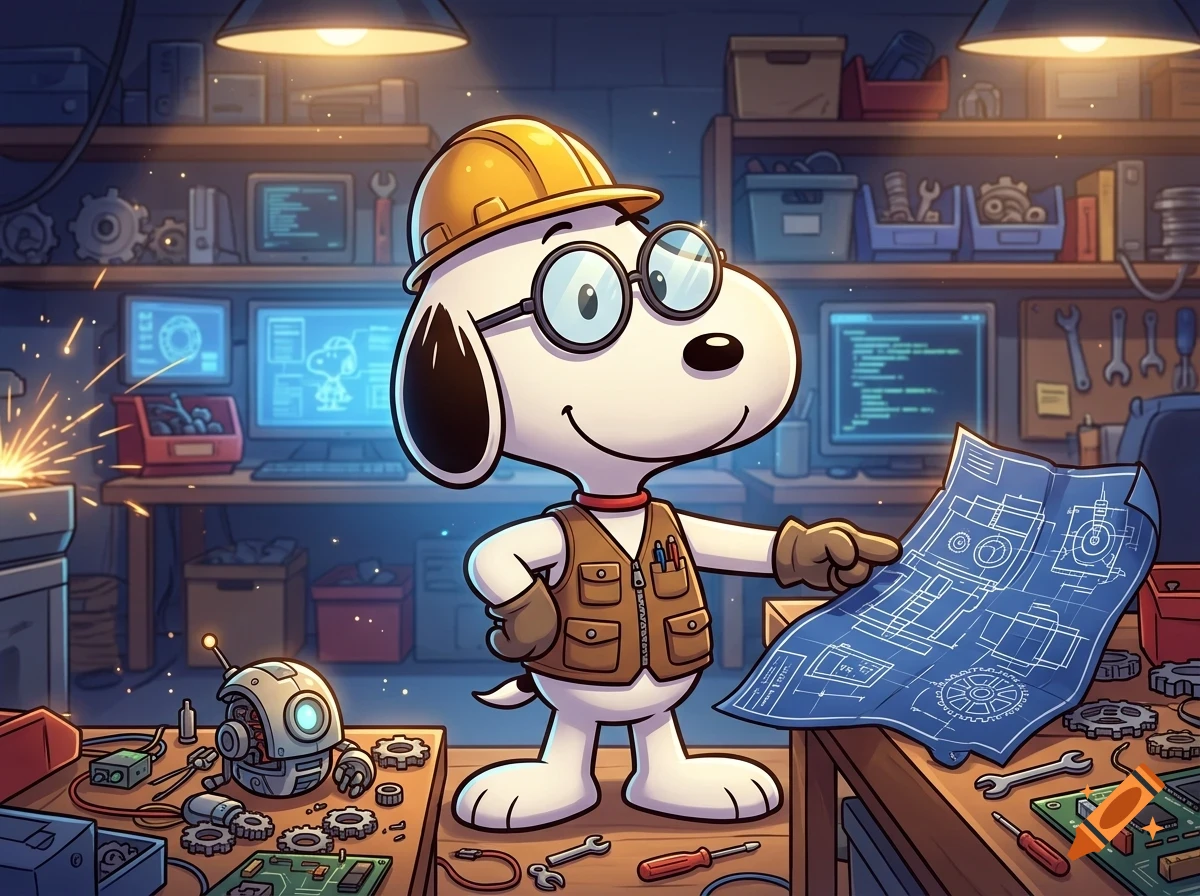 An illustrated white beagle wearing a yellow hard hat, round glasses, and a utility vest stands in a cluttered workshop pointing at a blueprint.