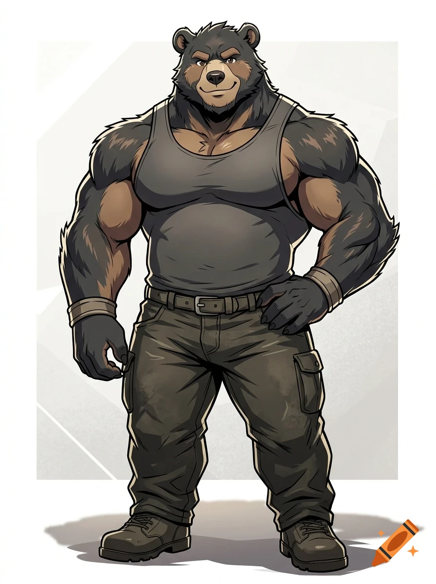 An anthropomorphic male bear wearing a dark tank top, cargo pants, boots, and gloves.