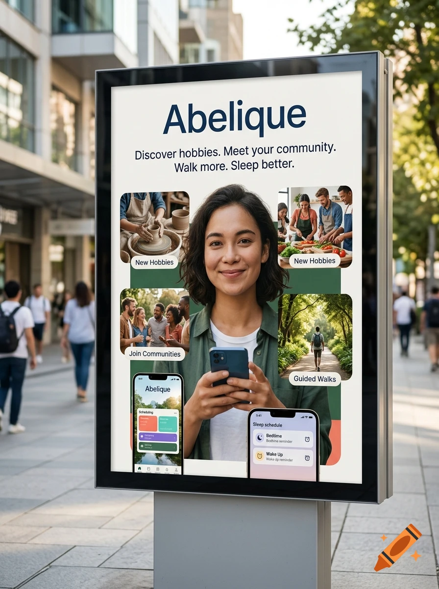 An outdoor advertisement poster on a city street featuring a smiling woman holding a smartphone, surrounded by smaller lifestyle photos and promotional text.
