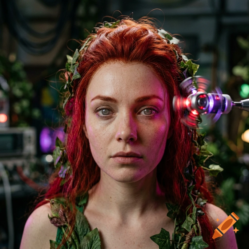 Close-up photorealistic portrait of Poison Ivy with red hair adorned with green leaves, and a glowing hypnotic device near her temple.