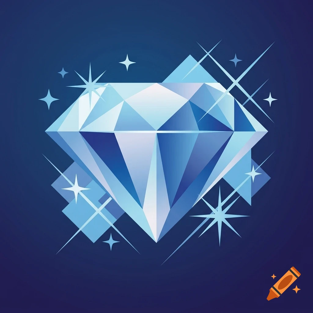 A sparkling blue diamond illustration surrounded by glowing stars against a deep blue gradient background.