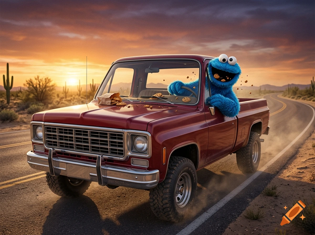 Cookie Monster driving a red vintage pickup truck along a desert highway at sunset, photorealistic style.