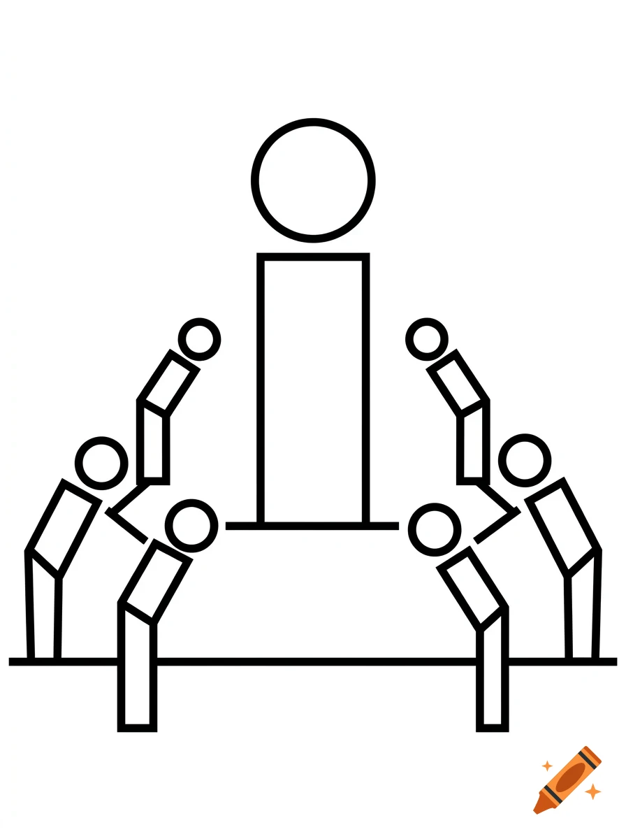 Minimalist black and white line icon depicting a central figure flanked by supporting figures.