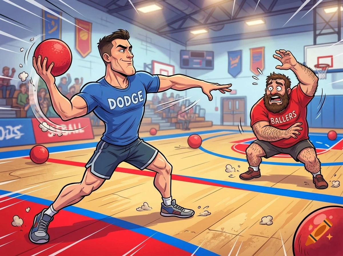 Cartoon illustration of a muscular man throwing a dodgeball at a scared, hairy man in a gymnasium.