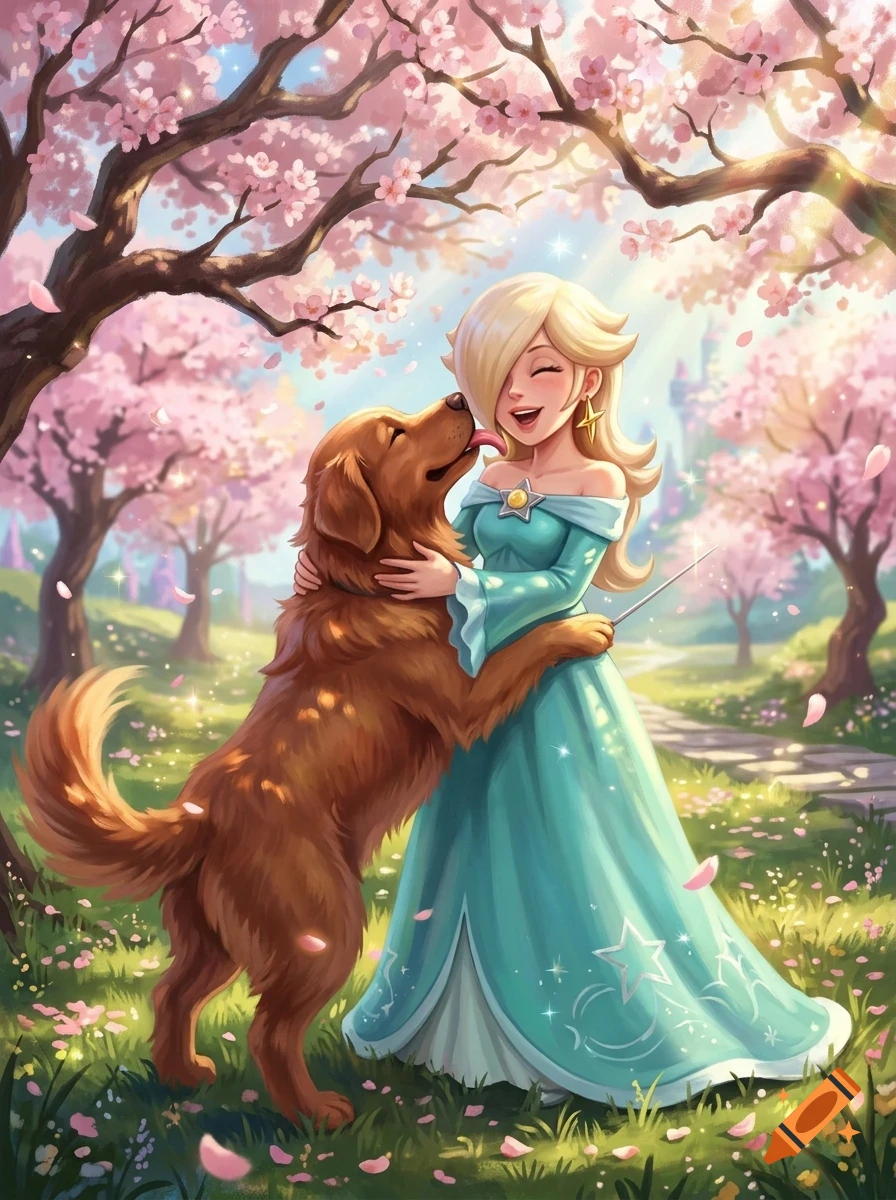 An anime-style blonde woman in a teal dress stands under cherry blossom trees, hugging and being licked by a golden dog.