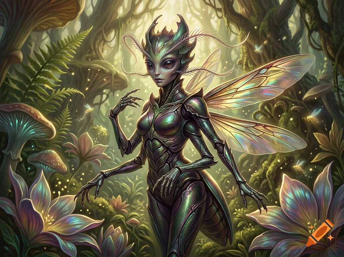 An insectoid fantasy creature with iridescent wings, antennae, and armored exoskeleton standing in a magical glowing forest.