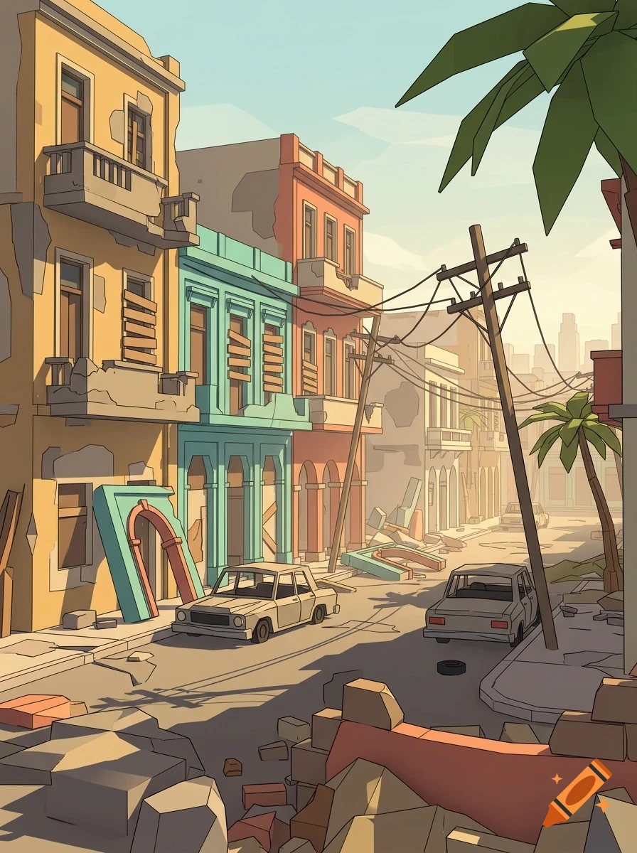 An illustration of a ruined, post-apocalyptic city street with damaged colorful buildings, abandoned cars, and debris on the ground.