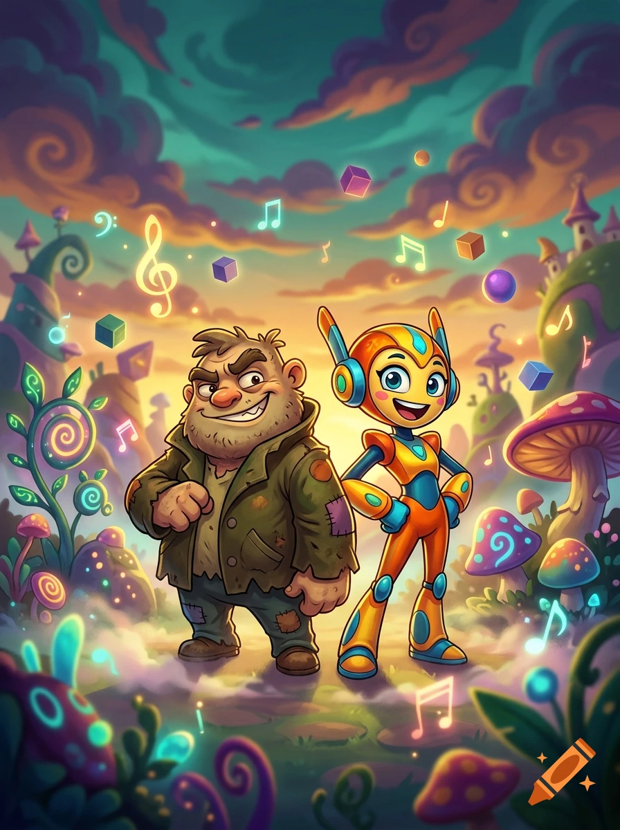 Colorful cartoon illustration of a scruffy man and a futuristic orange robot standing in a whimsical landscape with musical notes.