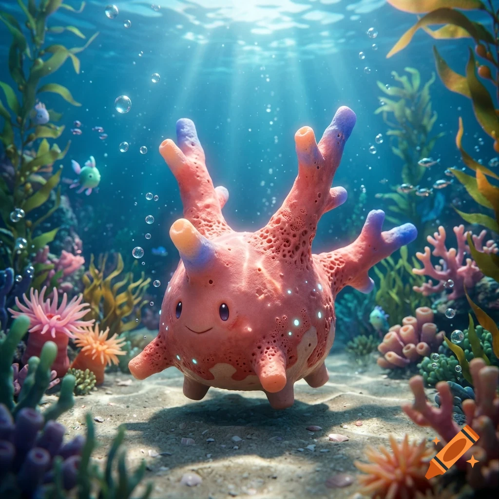 An adorable pink sea creature with branching arms floats underwater in a vibrant coral reef, surrounded by bubbles and sunlight filtering from above.