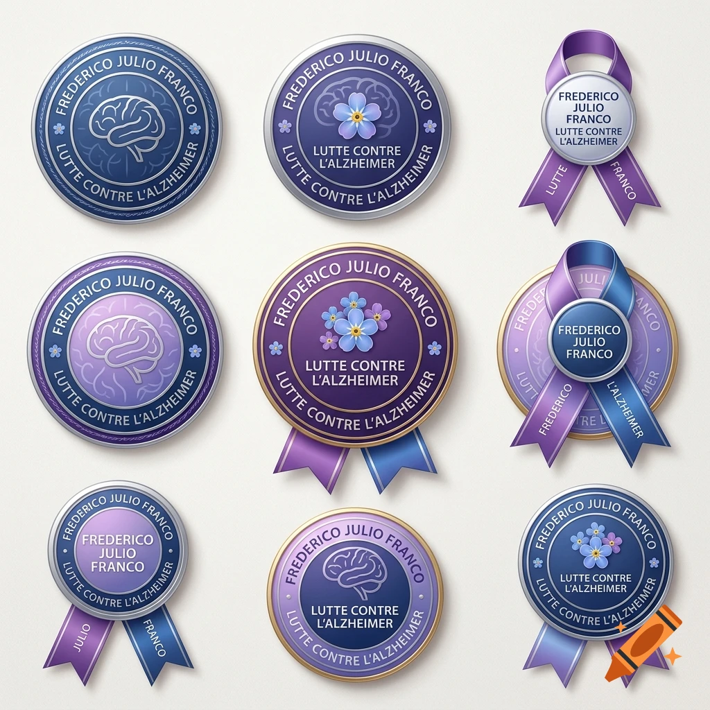 Collection of nine Alzheimer's awareness badges and ribbons featuring blue and purple designs with text reading 'Frederico Julio Franco'.