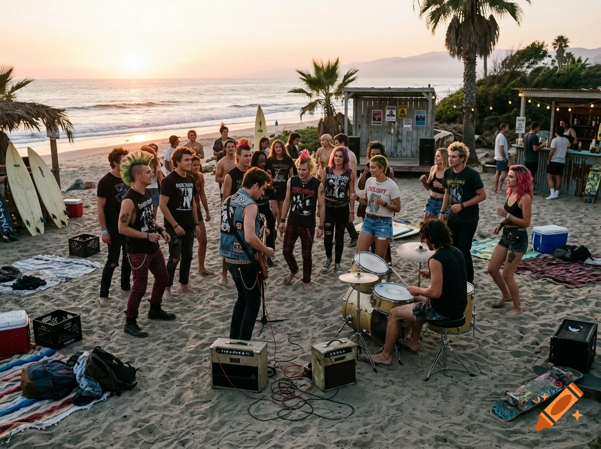 A group of young people gathered on a sandy beach at sunset for an outdoor rock concert, featuring a band playing guitar and drums with a crowd watching.