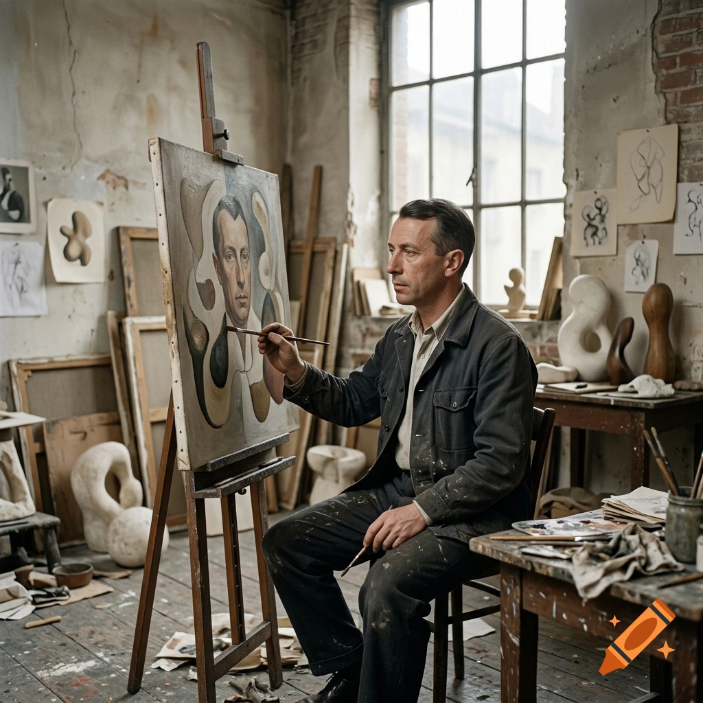 Photorealistic image of artist Jean Arp painting a self-portrait in his cluttered studio filled with sculptures and canvases.
