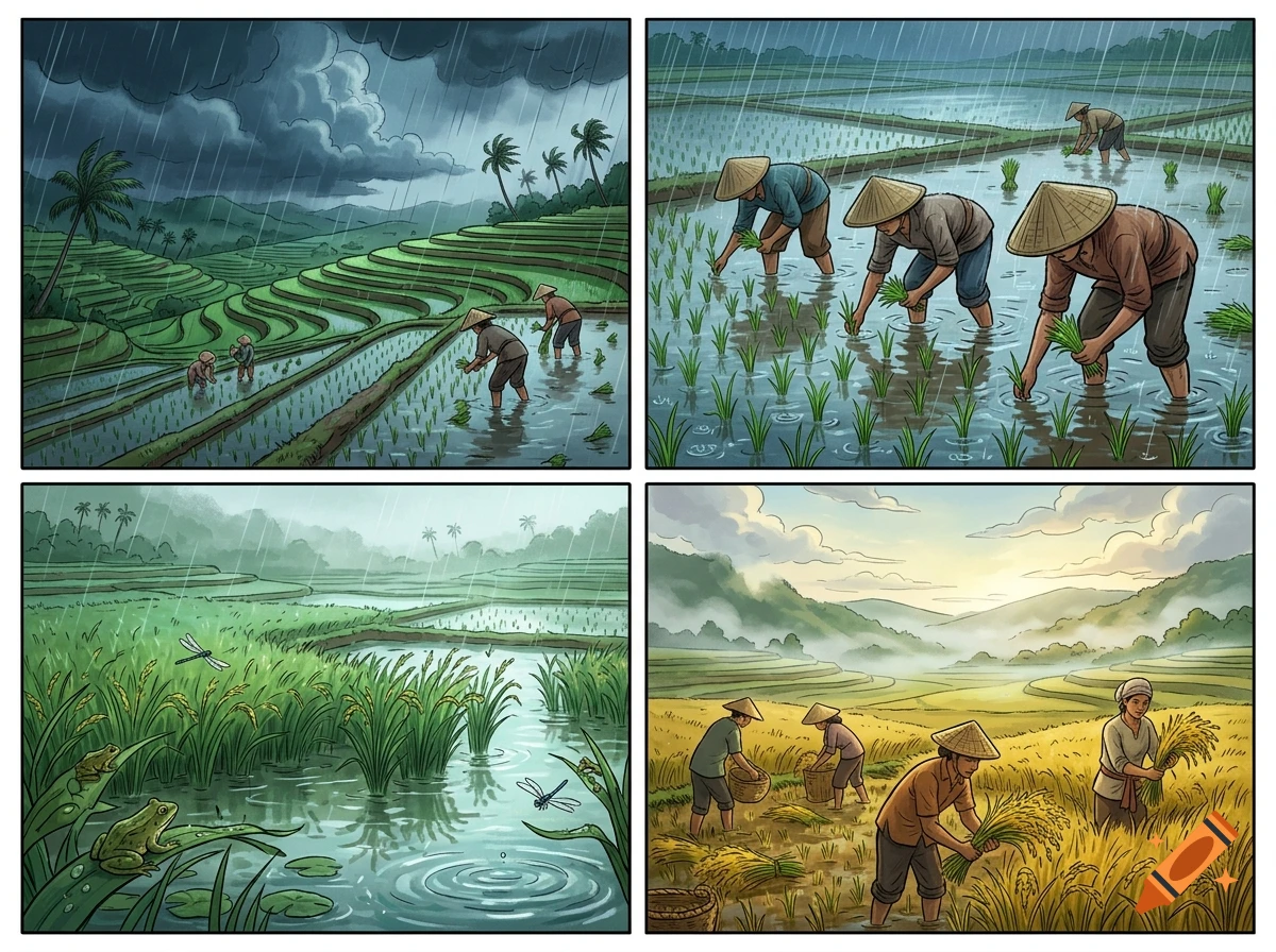 Four-panel comic illustration depicting monsoon rains and rice farming in rural terraces.