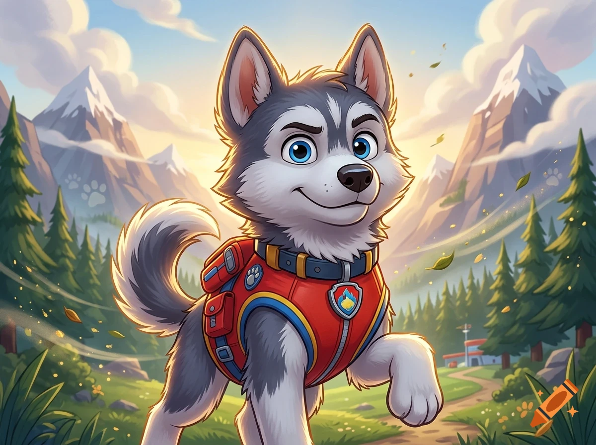 An illustrated cartoon husky dog wearing a red vest and backpack stands outdoors against a mountainous forest landscape.