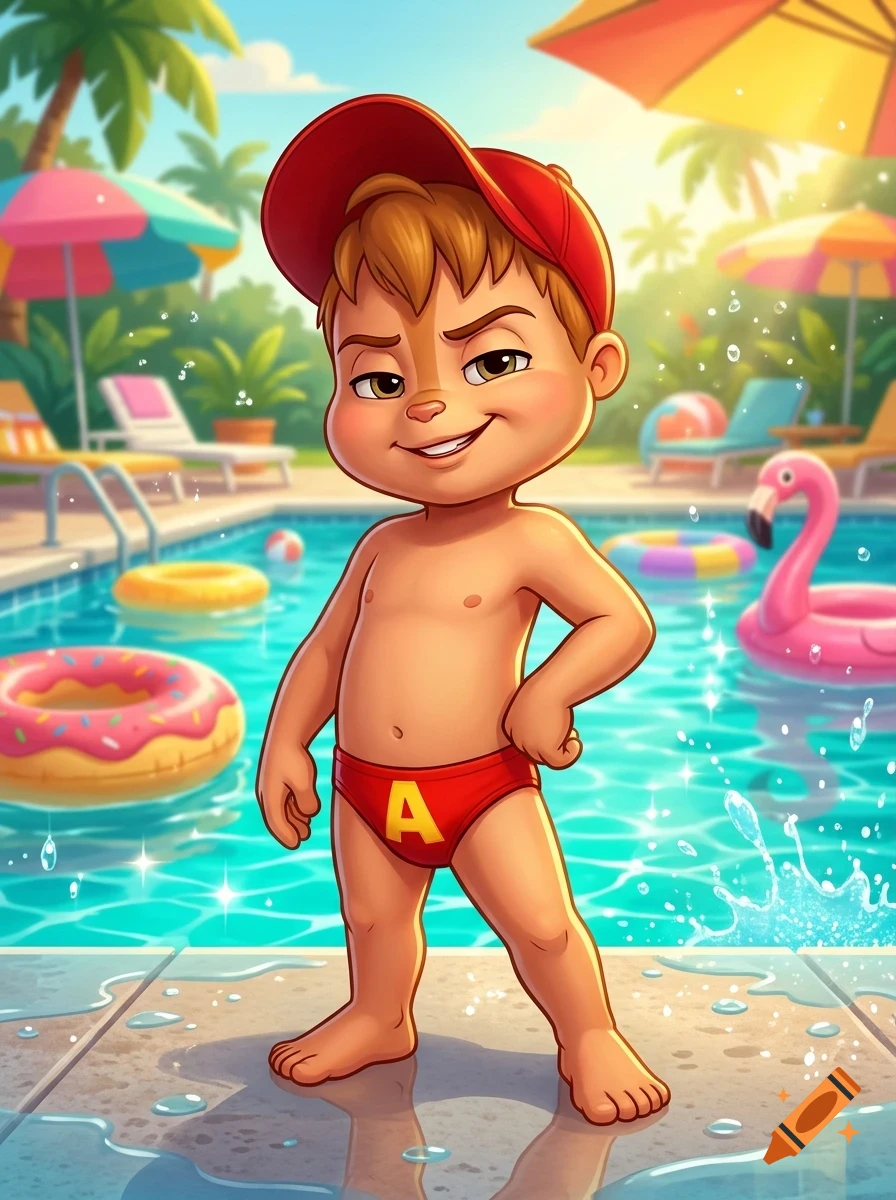 An animated young boy in a red cap and red swimsuit standing by a swimming pool with palm trees and umbrellas in the background.