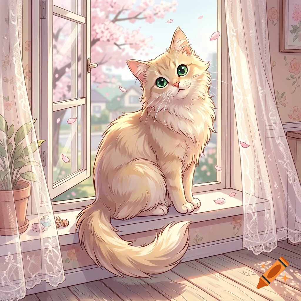 A fluffy orange cat sits on a windowsill looking out an open window at blooming cherry blossoms while pink petals drift in the gentle breeze.