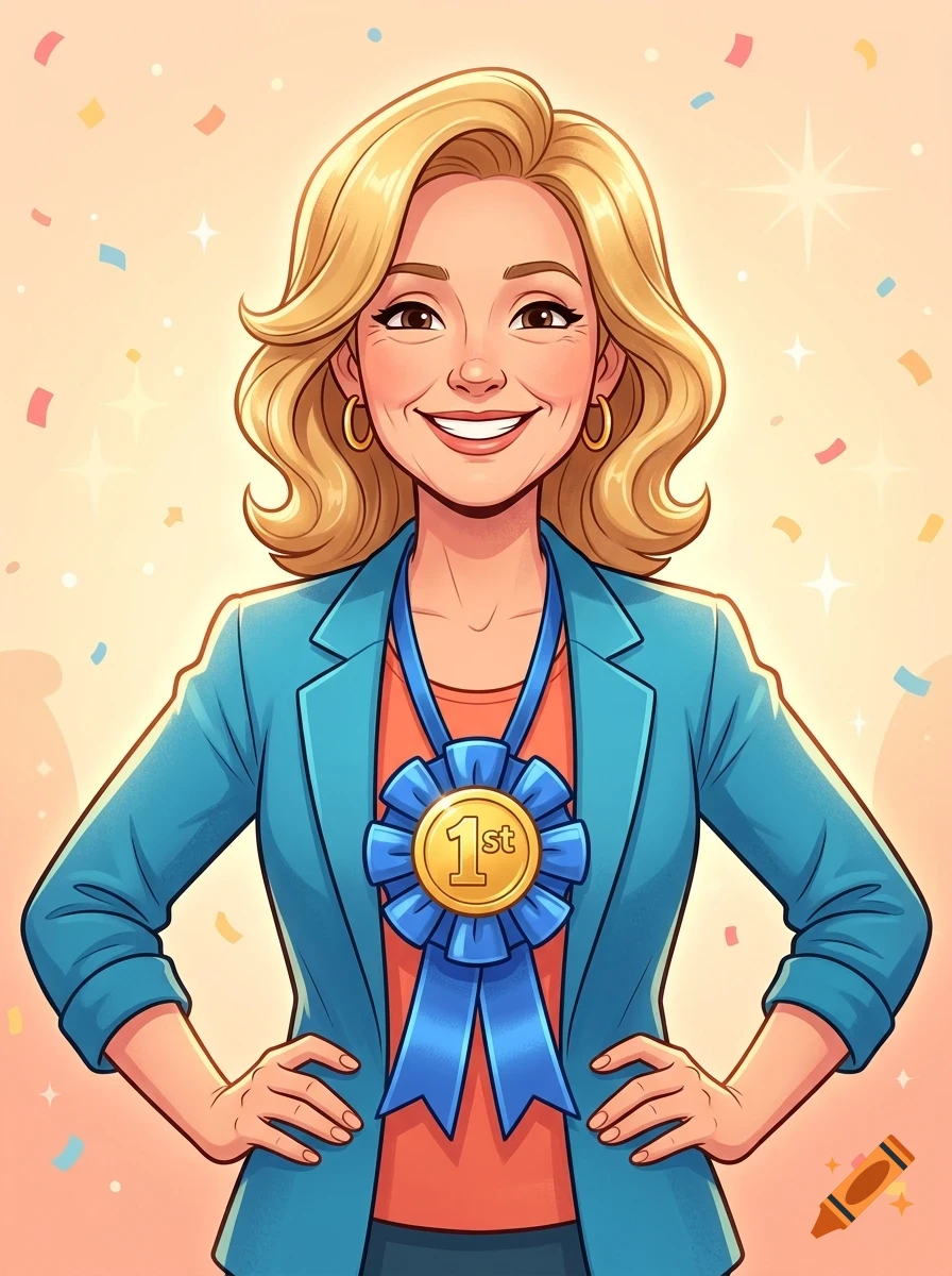 Illustration of a smiling blonde woman wearing a blue jacket and a first-place ribbon against a confetti-filled background.