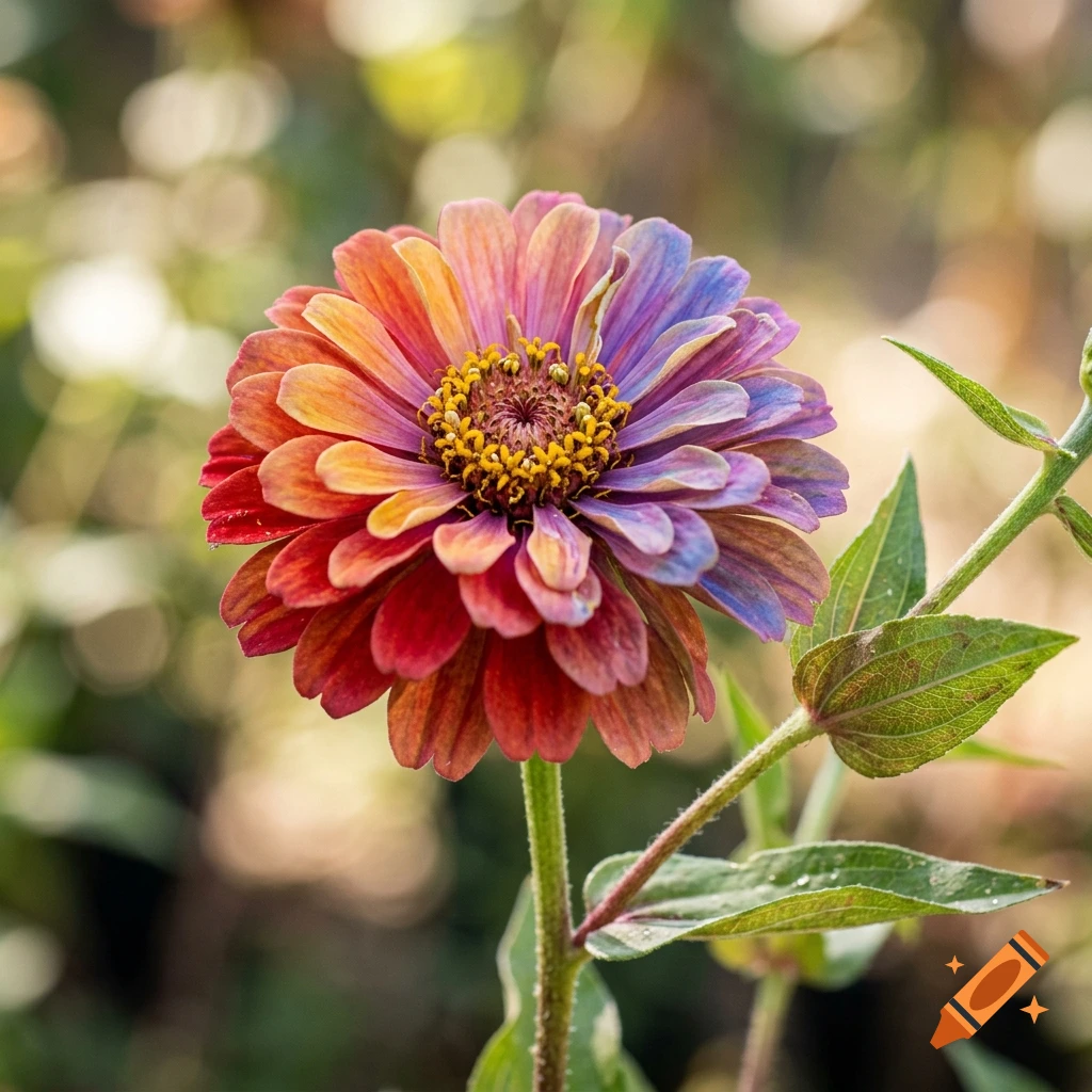 Close-up photograph of a zinnia flower with multicolored gradient petals transitioning from red to blue.