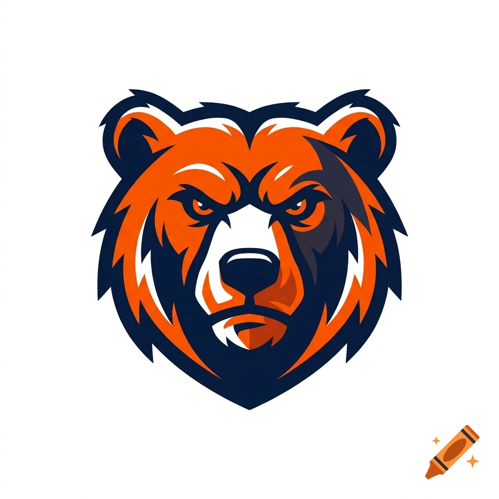 Aggressive grizzly bear mascot head logo in orange and dark blue, vector style.
