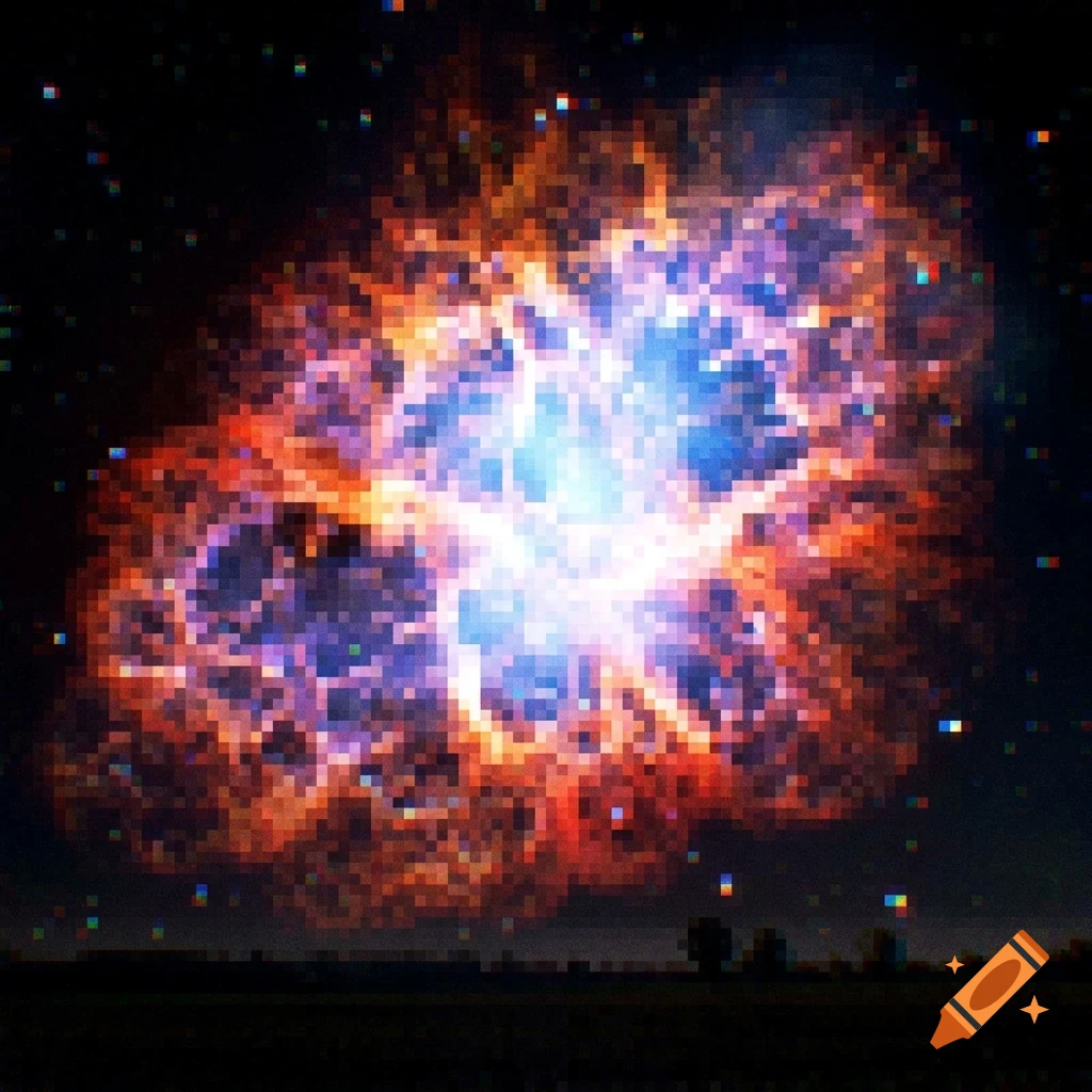 A pixelated cosmic nebula glows with bright orange, purple, and blue hues against a dark night sky above a distant horizon.