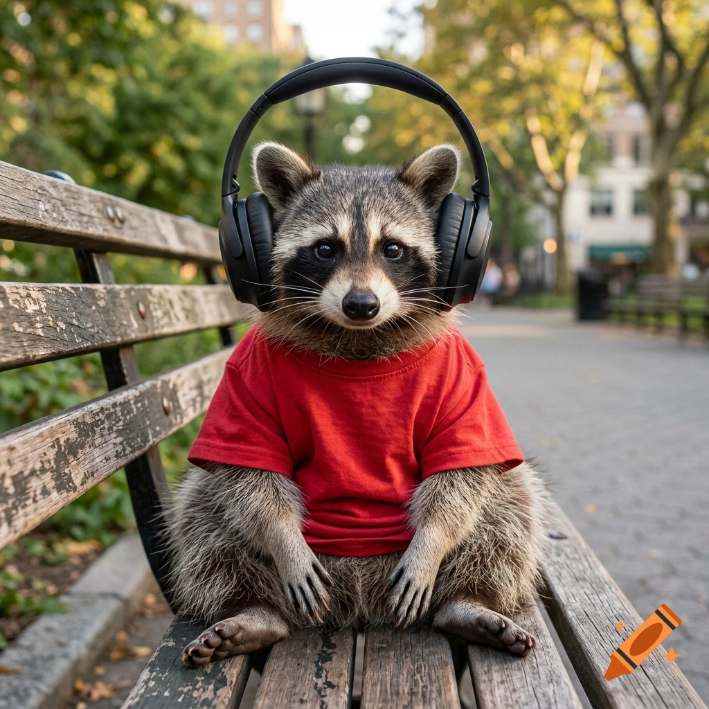 Photorealistic image of a raccoon wearing a red shirt and headphones, sitting on a wooden bench in a park.