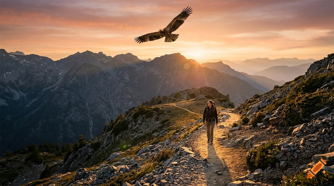 Photorealistic landscape of a mountain range at sunset with a flying eagle and a hiker walking on a winding trail.