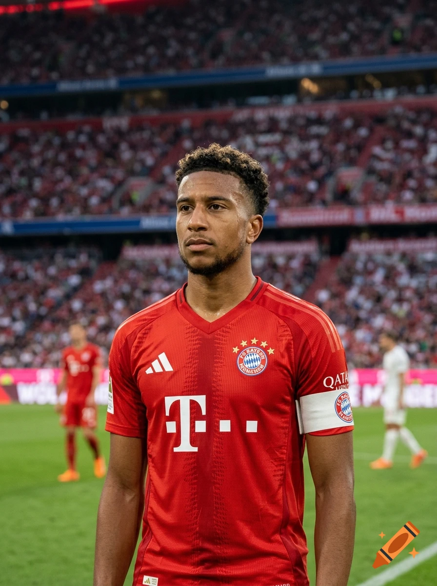 Photorealistic medium shot of a male football player in a red Bayern Munich jersey with captain armband on a stadium pitch.