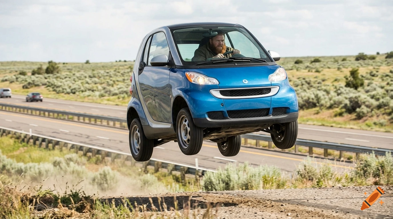 Photorealistic image of a blue tiny electric car driven by a red-bearded man, jumping over a highway.