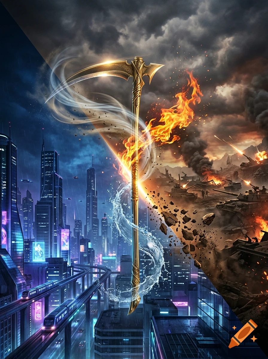 A futuristic city on the left contrasted with a war scene on the right, divided diagonally by a glowing golden scythe with elemental effects.