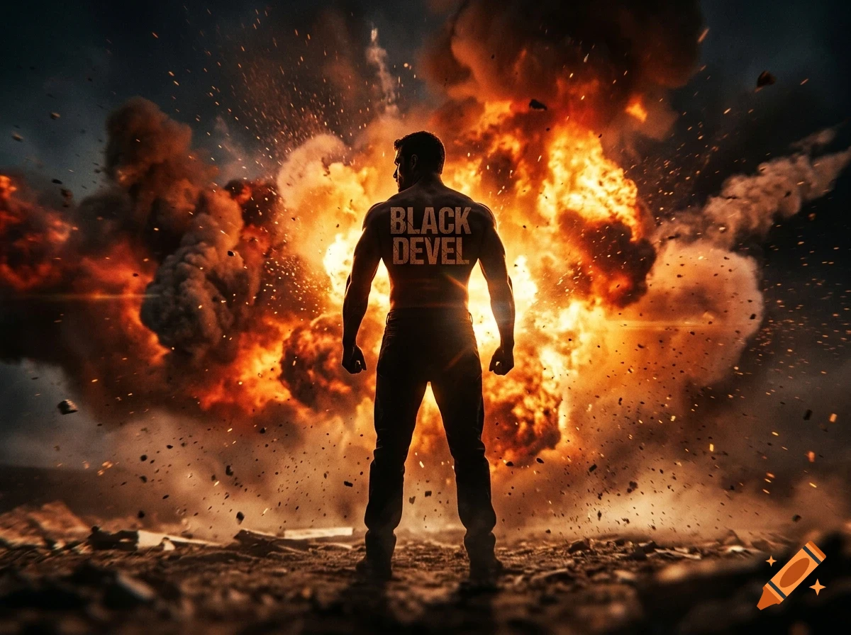 A muscular man stands with his back to the viewer in front of a massive fiery explosion.