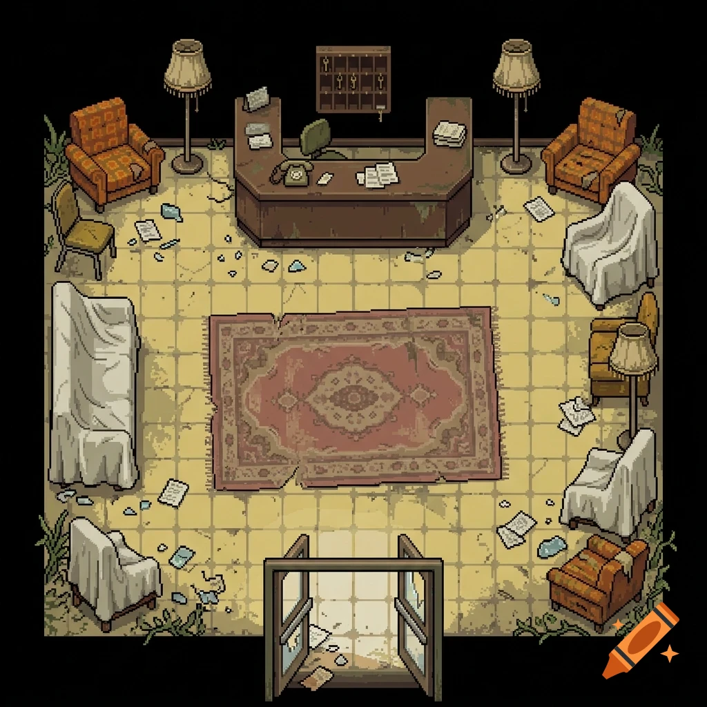 An overhead pixel art view of an abandoned, messy hotel lobby with a desk, scattered papers, and covered furniture.