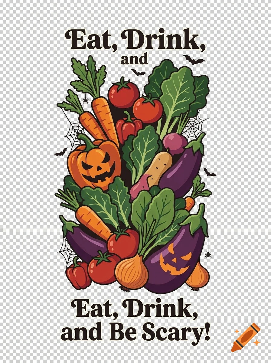 Vintage style vector illustration of various vegetables arranged vertically with Halloween elements and text Eat, Drink, and Be Scary!