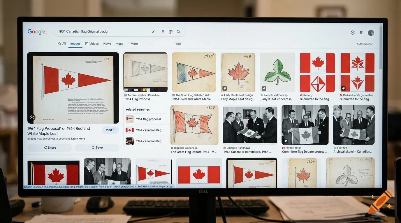 A computer monitor displaying a Google image search results page for the 1964 Canadian flag original design.