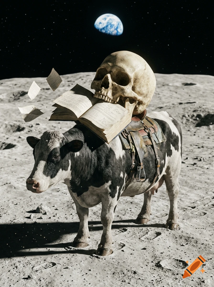 A photorealistic image of a cow on the moon wearing a saddle with a skull eating a math book, with Earth in the starry background.