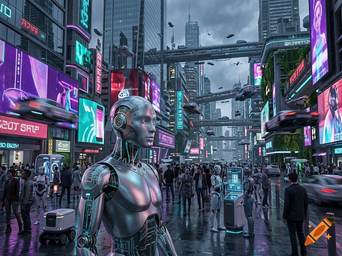 A futuristic city street filled with pedestrians, flying vehicles, and robots, featuring a large humanoid robot in the foreground.