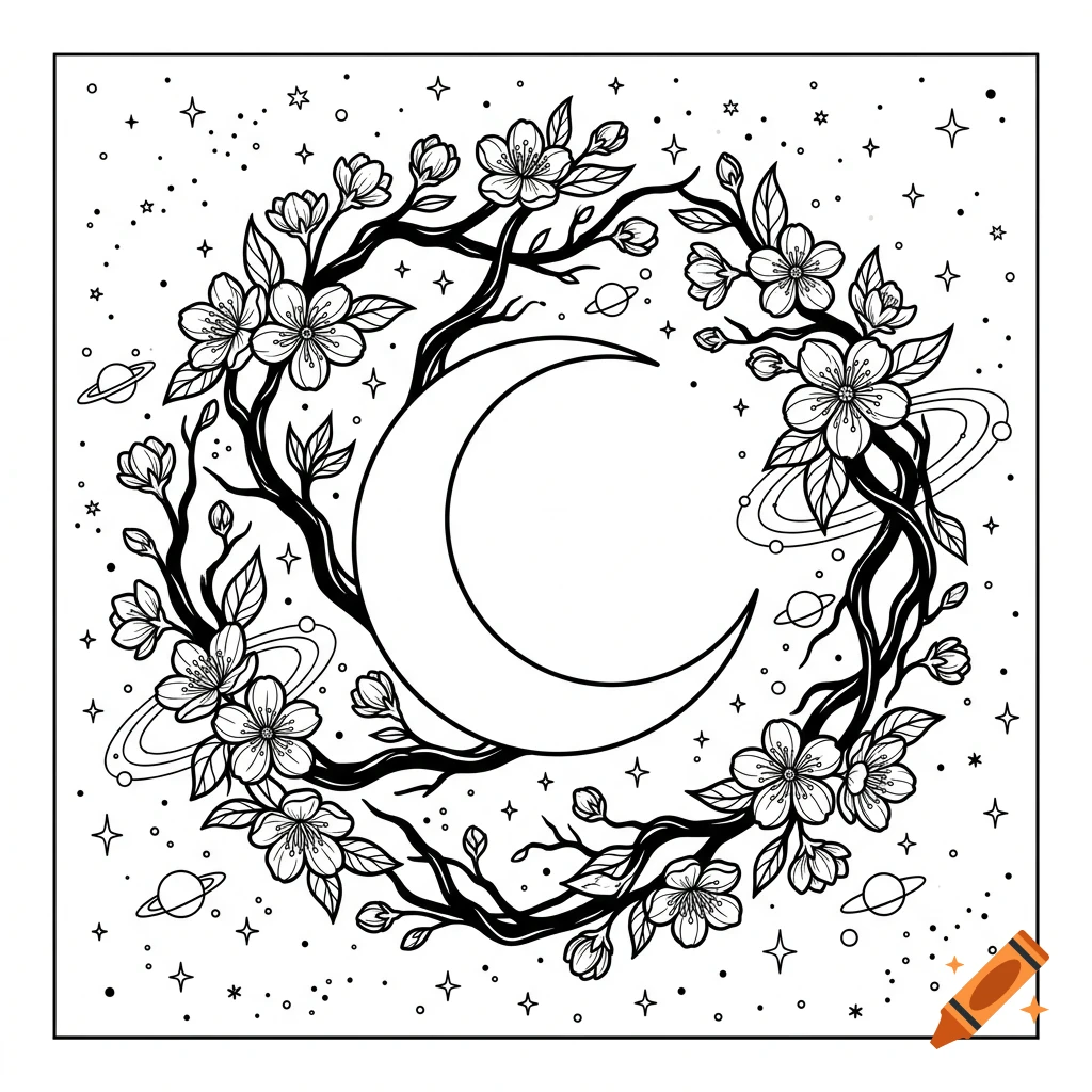 A black and white line drawing of a crescent moon framed by flowering tree branches, surrounded by stars and planets.