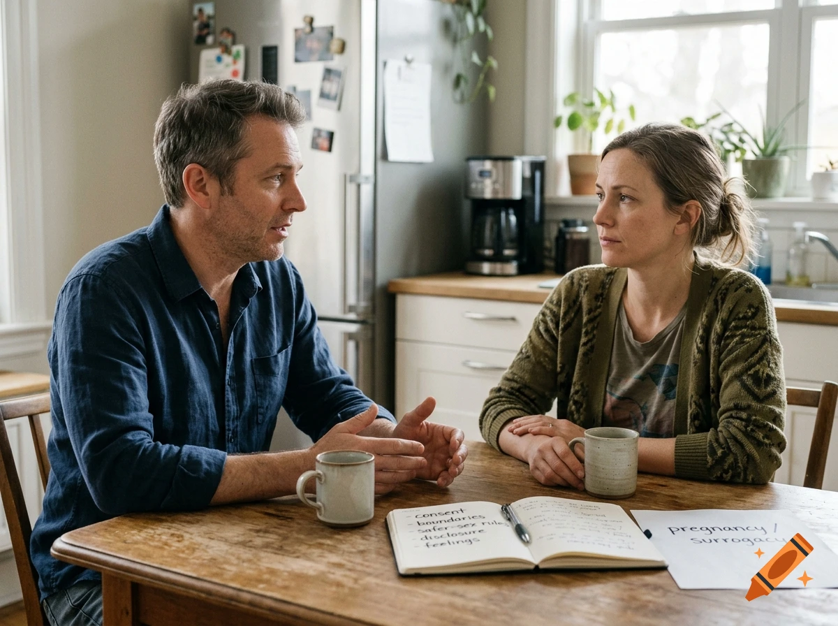A man and woman sitting across from each other at a wooden kitchen table, having a serious conversation with notes written on paper.