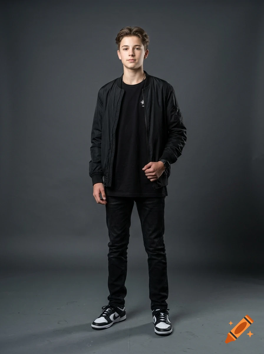 Full-length portrait of a young person standing against a plain dark grey background, wearing a black bomber jacket, black t-shirt, black jeans, and sneakers.