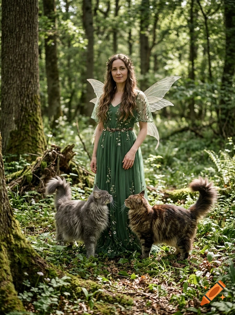 A woman dressed as a fairy in a green gown with translucent wings stands in a lush forest, accompanied by two long-haired cats.