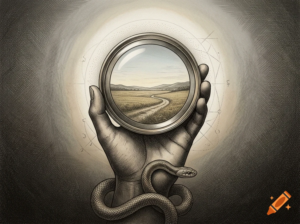 An engraving-style illustration of a hand holding a circular lens showing a landscape with a road, with a snake wrapped around the wrist.