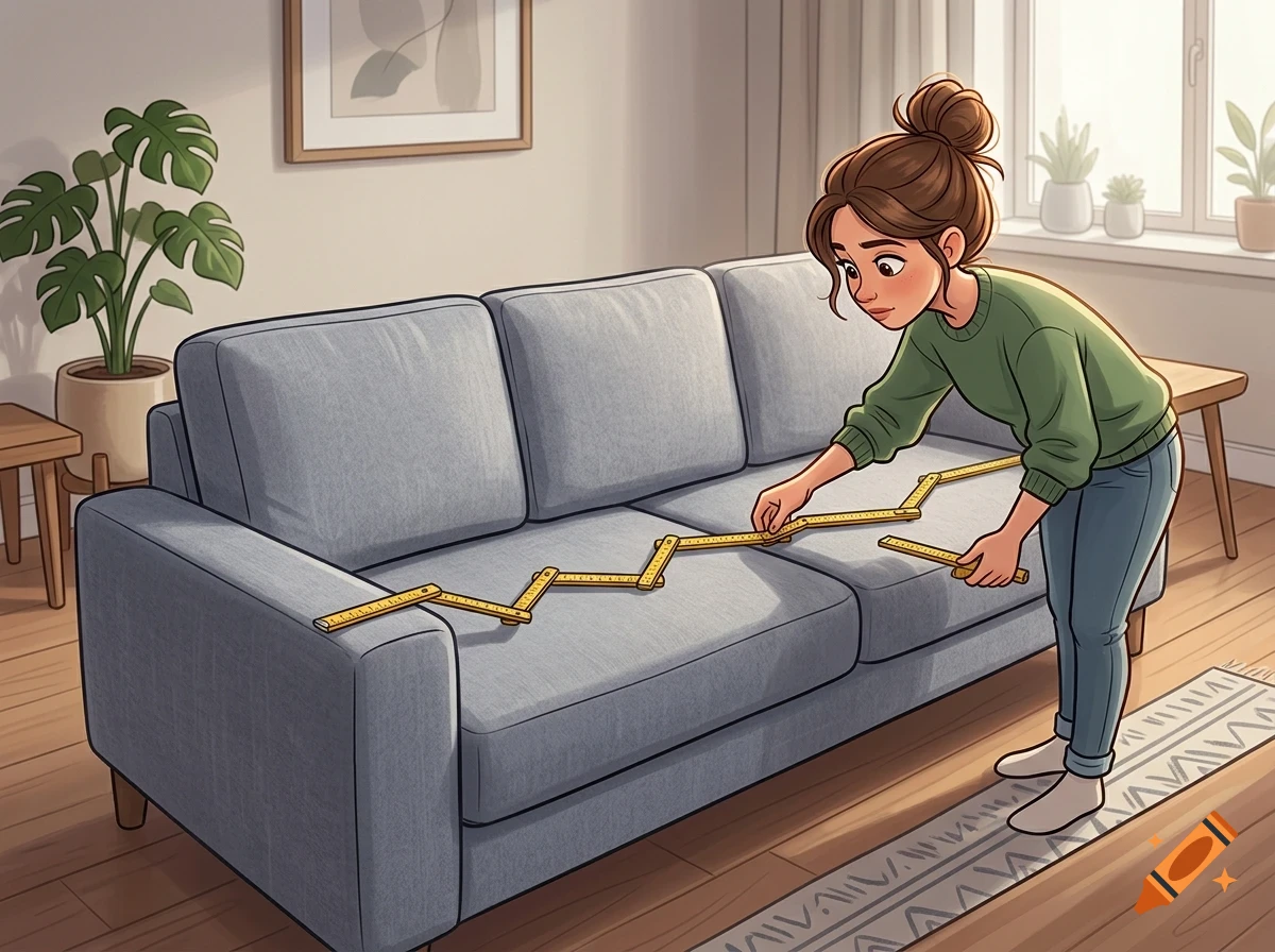 An illustrated woman measuring a gray sofa with a folding ruler in a living room.
