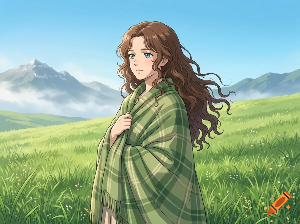 An anime-style illustration of a young woman with long curly brown hair, wrapped in a green plaid blanket, standing in a lush green meadow with mountains in the background.