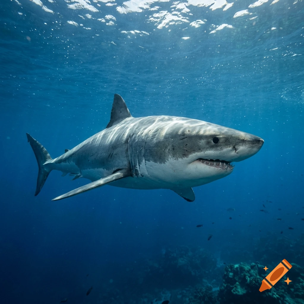 Photorealistic underwater shot of a great white shark swimming in deep blue ocean water.