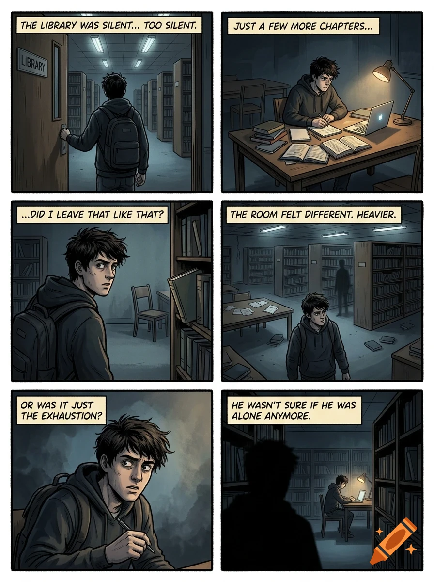 A six-panel comic strip depicting a young man studying in a dark library, beginning to suspect he is not alone.